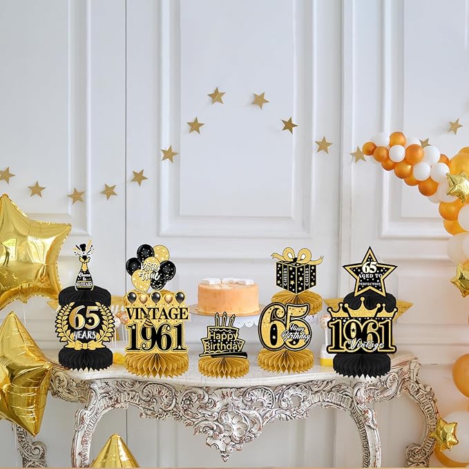 Refavor 65th Birthday Decorations for Men - 9PCS Vintage 65th Birthday Honeycomb Centerpieces Table Decorations Women, Black Gold 1961 Happy 65 Years Bday Party Decor