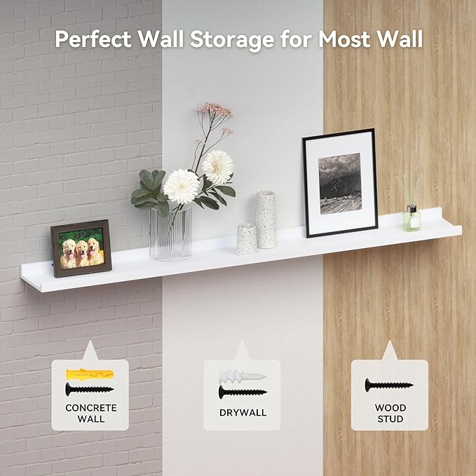 70.9 Inches Long Floating Shelves, 2 Set White Wall Shelf for Bedroom, Nursery Book Shelf with Lip, Picture Ledge Shelf for Wall Decor Living Room Bathroom Kitchen