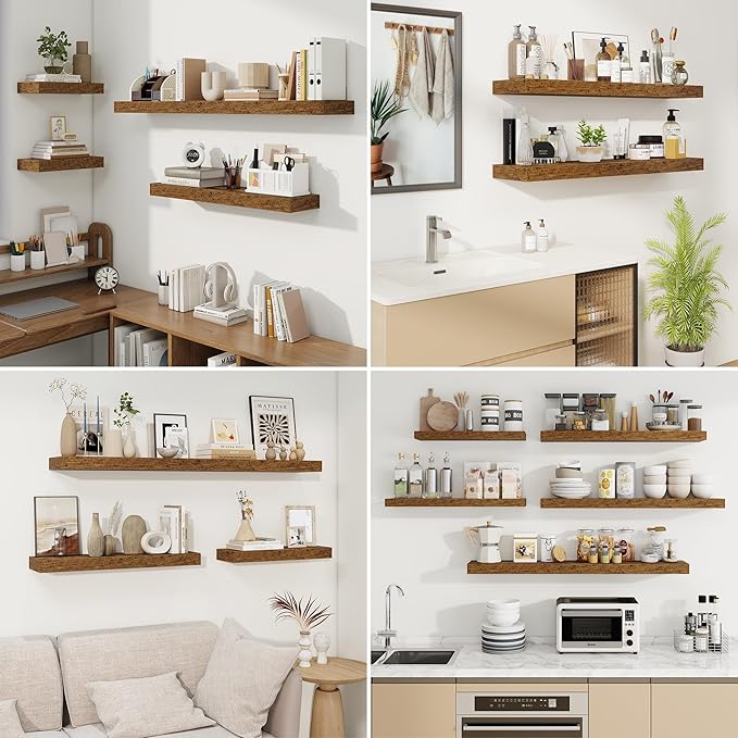 fuqing Floating Shelves for Wall, Wall Mounted Wood Floating Shelf with Invisible Brackets for Living Room, Bathroom, Bedroom, Kitchen Storage and Decor, 6.5 Inch Set of 3, Rustic Brown