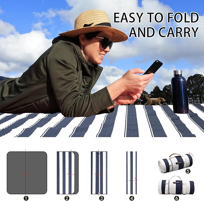 HX&OD Outdoor Picnic Blanket Extra Large, 80”x80” Waterproof Picnic Mat Foldable Camping Blanket Portable with Carry Strap for Beach Mat (Blue)