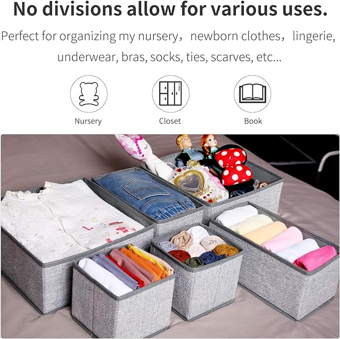 Criusia Foldable Underwear Drawer Organizer, Closet Dividers, Storage Box for Clothes, Socks (6 Bins, Gray)