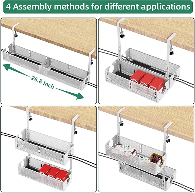 Multi-Model Under Desk Cable Management Tray 2 Packs Metal Under Desk Wire Management Clamp Mount Under Table Cord Management No Damage The Desk (White)
