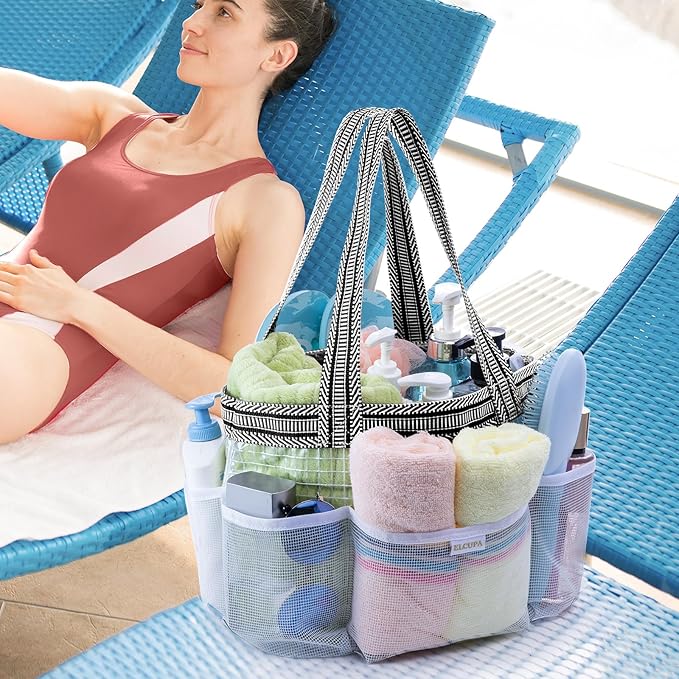 Mesh Shower Caddy Portable for College Dorm Room Essentials with Waterproof Phone Pouch, Shower Bag with Reinforced Bottom for Beach,Camping, Swimming,Gym, Quick Dry Toiletry Bag with 6 Pockets