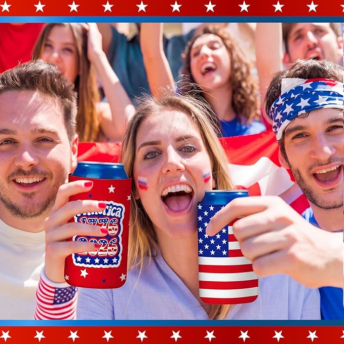 Yungyan 12 Pcs 4th of July American Can Cooler Patriotic Sleeves 250th Anniversary for 1776-2026 Independence Day Red Blue USA Flag Accessories Memorial Day for Party Favors Decoration(Classic Style)