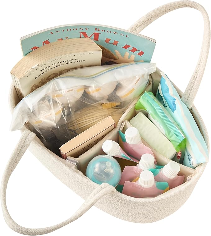Diaper Caddy Organizer, Empty Gift Basket for Newborn Essentials, Baby Storage Basket, Stylish Gift Bag for Baby Shower, Boys and Girls – Small, Off White