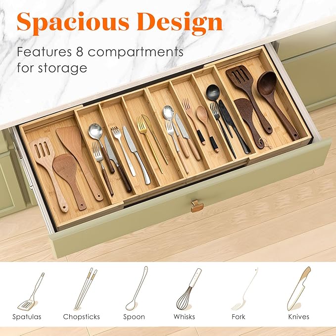 Kathfly Extra Large Drawer Organizer Kitchen Utensils Expandable 21.4 to 36 Inches Wid, Adjustable Bamboo Silverware Tray Cutlery Utensile Flatware Organizer Holder Drawer Divider for Spoons and Forks
