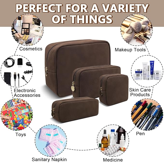 Waterproof Small Makeup Bag for Purse,Cute Pouch Preppy Suede Makeup Brush Holder with Zipper,Girls Teens Portable Storage Case Small Travel Toiletry Bag for Office(Slim-Coffee)