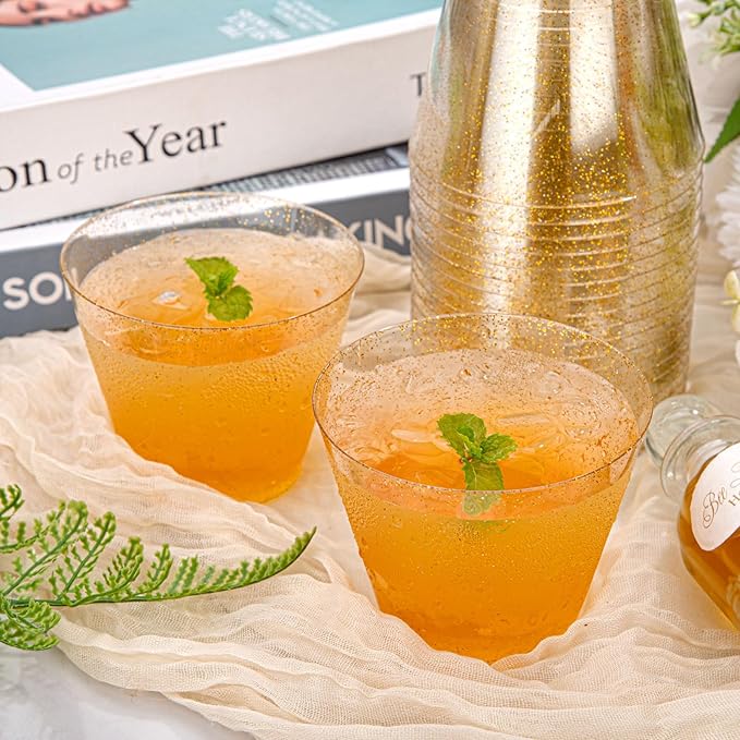 Hioasis 200Pcs 9OZ Gold Glitter Plastic Cups - Gold Plastic Cups, Heavy Duty & BPA-free for Party, Wedding, Celebrations