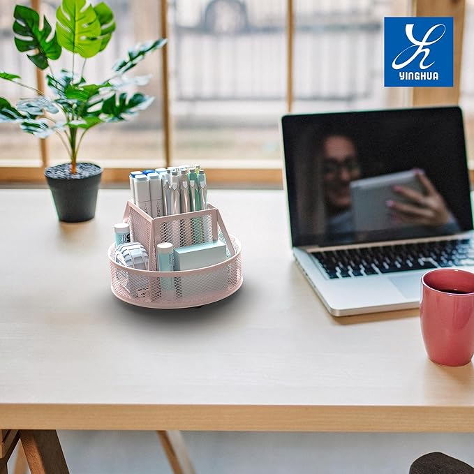 YINGHUA Metal Mesh Desk Organizer with 5 Compartments and Rotating Pencil Holder Pen and Stationery Organizer for Office Home School Anti Slip Base Pink