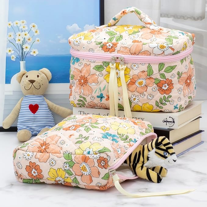 PAZIMIIK Quilted Makeup Bag Large Travel Zipper Soft Cosmetic Pouch for Women Girls Makeup, Floral Orange