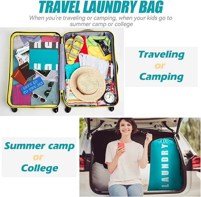 Isink Laundry Bag, 2 Pack Travel Laundry Bags for Dirty Clothes, Large Laundry Bags for Camping & Traveling, Dirty Clothes Travel Bag, 24" x 36" (Cyan + Gray)