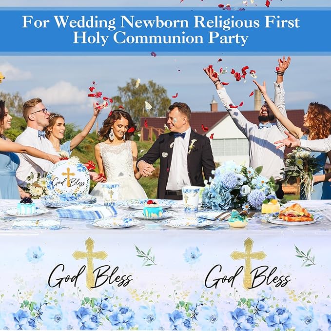 Ganeen 3 Pcs Baptism Tablecloth First Holy Communion Tablecloth Blue Boy God Bless Disposable Plastic Waterproof Cross Table Covers for Christening Baby Shower Religious Decor, 54 x 108 Inch