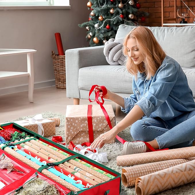 MaidMAX Christmas Wrapping Paper Storage Bag, 42 inch Gift Wrap Organizer Underbed Storage Box Container 600d Oxford Fabric Wrapping Paper Holder for Storing Rolls, Ribbons, Bows 42L x 14W x 5.5H