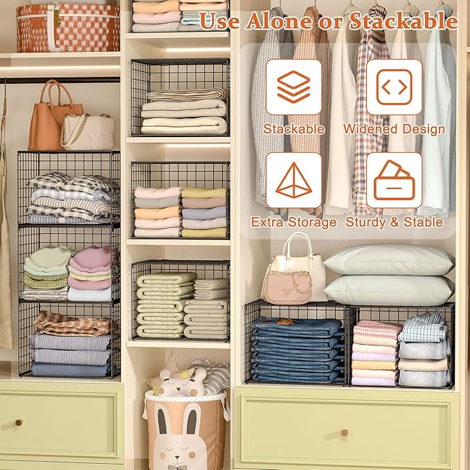 Upgraded Wider & Taller Closet Organizer with Wire Top Shelf, 3-Pack Stackable Closet Shelf Organizer, Space-Saving Clothes Organizer Basket for Closet and Wardrobe, Black