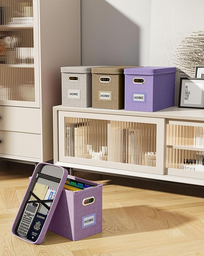 Oterri File Organizer With Lid, Hanging Filing Box With Mesh Pocket, Document Organizer for Letter Files, Portable Storage for Office & Home (2 PCS, Taro Purple)