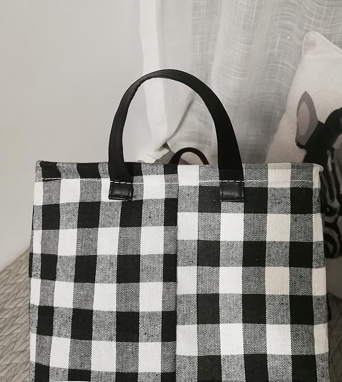 KUNRO Rectang Storage Basket Gift Shelf Basket Storage Bin, Nursery Basket Organizer Box for With Handles for Room Deco(Black grid)