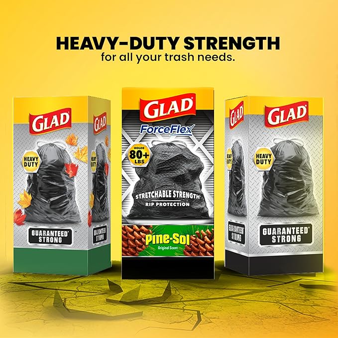 Glad Large 30 Gallon Trash Bags, Pine-Sol Heavy Duty Garbage Bags, Forceflex with Drawstring, 25 Count (Packaging May Vary)