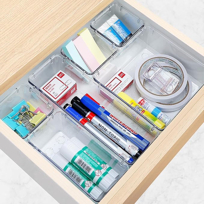13 PCS Drawer Organizer Set, 5 Varied Size Bathroom and kitchen Drawer cabinet organizer Trays, Clear Storage Bins for Makeup, Jewelry, Utensils and Gadgets