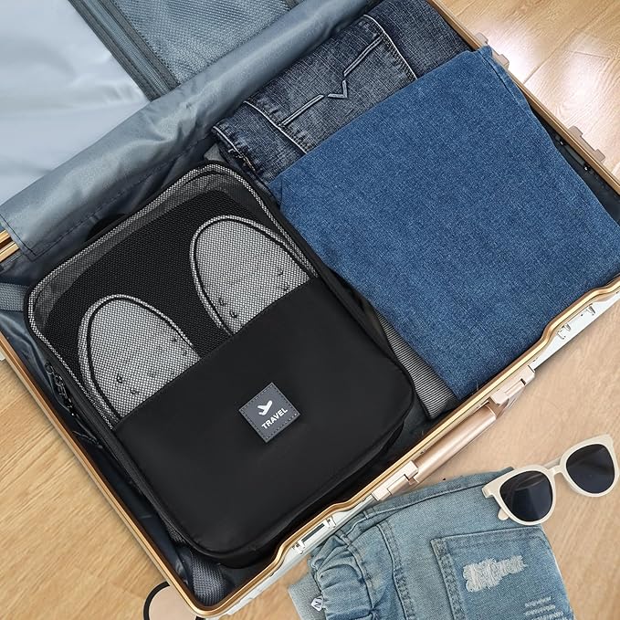 2 Layers Travel Shoe Bag, Portable Shoe Bags Hold 2 Pair Of Shoes, Water-Resistant Shoe Storage Pouch For Travel (Black, 2 Pack)