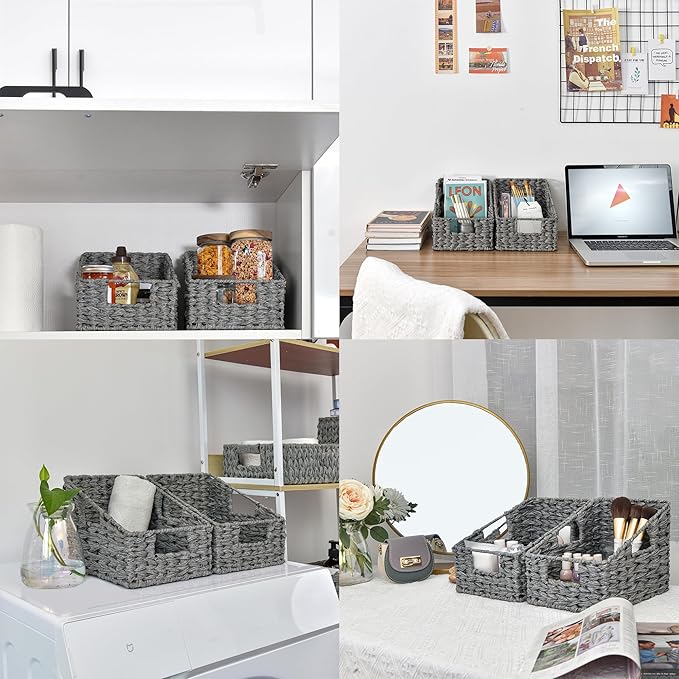 GRANNY SAYS Wicker Basket with Handles, Odorless Woven Trapezoid Basket Waterproof for Organizing, Decorative Storage Wicker Baskets for Storage Photo Books, Gray, 2-Pack