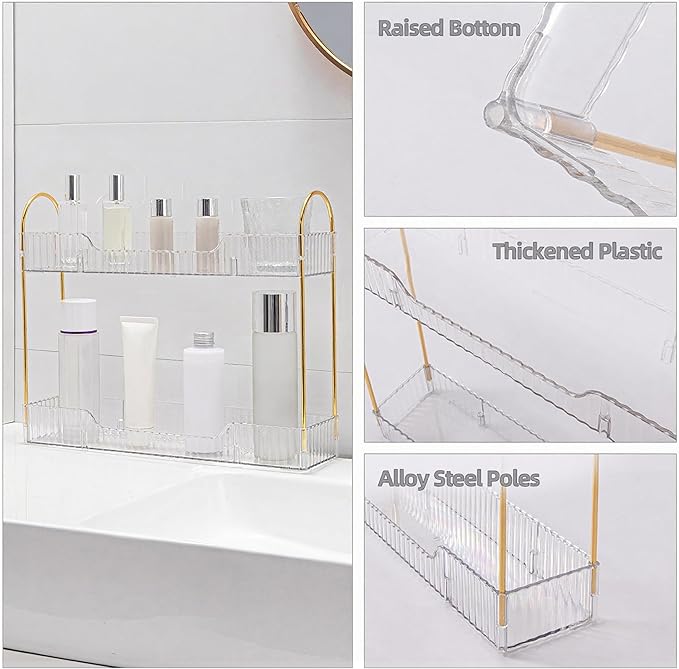 Bathroom Countertop Organizer, 2-Tier Slim Vanity Storage Rack for Bathroom Sink, Narrow Counter Organizer for Toiletries Skincare Perfume with Clear Plastic Trays