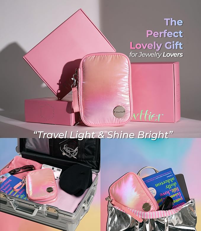 Travel Jewelry Organizer Case with Zipper and Mirrored Charm, Small Portable Jewelry Storage Bag for Rings, Necklaces, Earrings, Travel Pouch, Christmas Winter Gift for Her, Holographic Pink