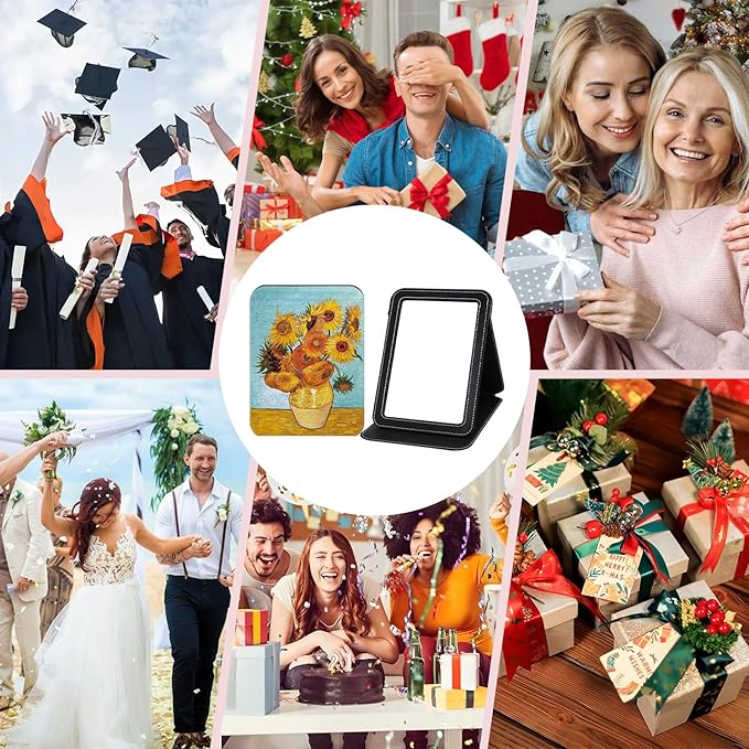 Travel Compact Mirror Rectangular Small Portable Folding Mirror for Purses Makeup Bag Handheld/Adjustable Stand for Desk Mirror Van Gogh Sunflowers Gifts