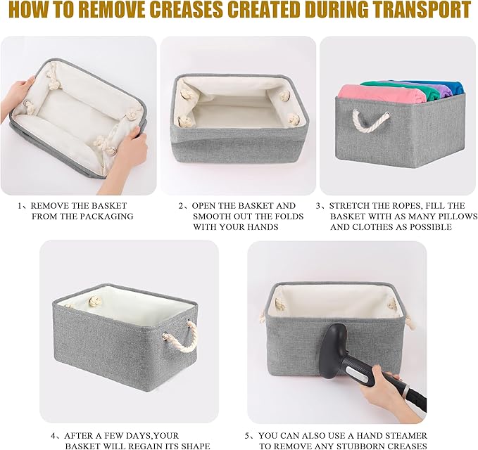 Storage Bins with Sturdy Cotton Handles(1 Pack), Fabric Storage Baskets for Organizing use for Office & Home, Book, Clothes, Toys, Closet Boxes (Small, Grey, 12.2x8.3x6.3 inches)