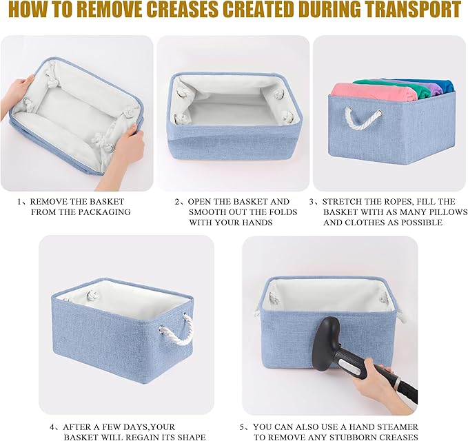 Storage Bins with Sturdy Cotton Handles(3 Pack), Fabric Storage Baskets for Organizing use for Office & Home, Book, Clothes, Toys, Closet Boxes (Small, Blue, 12.2x8.3x6.3 inches)