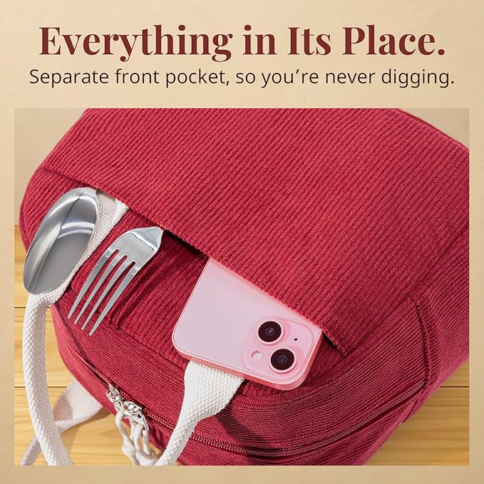 LOVELYWIND Insulated Lunch Bag for Women Men, Stylish Corduroy Tote Bag with Aluminum Lining, Large Capacity Reusable Cooler for Work, Travel, or Beach, Wine Red Lunch Box