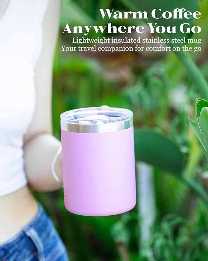 12oz Insulated Coffee Mug with Lid – Includes Two Lids, Stainless Steel Coffee Travel Mug with Handle, Double Wall Vacuum Insulated Camping Mug for Home, Office & Outdoor, Pink