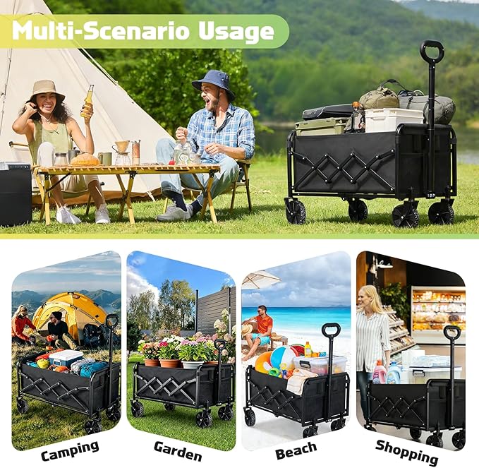 360LBS Collapsible Foldable Wagon Carts - Heavy Duty Portable Folding Utility Wagons with All-Terrain Wheels for Grocery Sports Shopping Camping Garden Beach, 2 Drink Holders/Lightweight/Black
