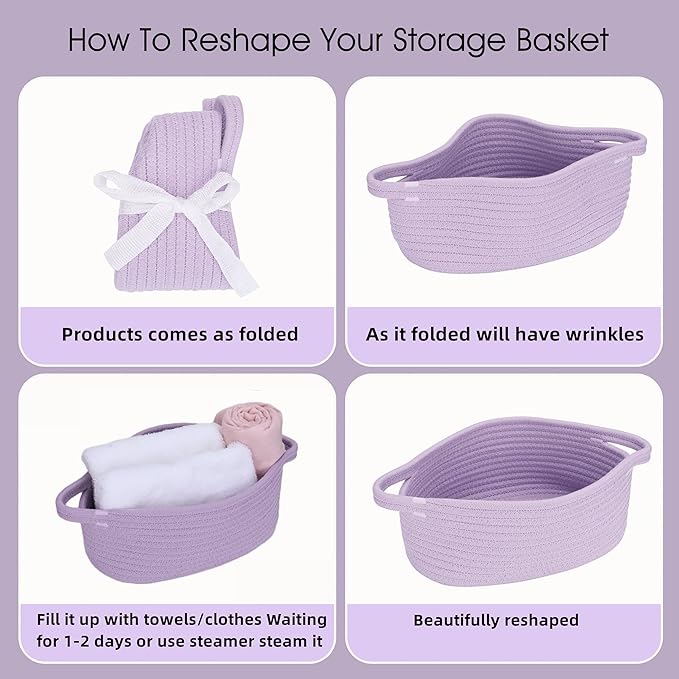 Cute Oval Cotton Rope Wicker Storage Basket with Handle - Empty Baby Nursery Box Bin Organizer for Kids, Cats, Dogs & Easter - Light Purple Lavender