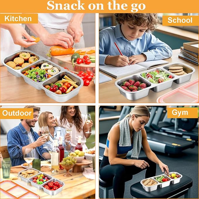 1PC 3 Compartment Grab and Go Snack Containers with Spoon Fork, Reusable Stainless Steel Snack Containers with Lids, Double Compartment Condiment Container for Travel and Outdoor Camping (3)