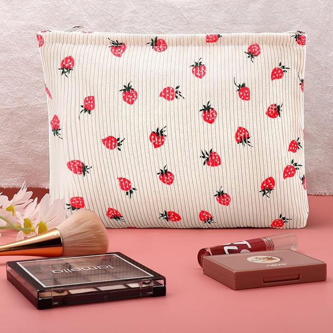 ZLFSRQ Makeup Bag for Women Large Corduroy Cosmetic Bags Travel Pouch for Purse Zipper Toiletry Bags Organizer Y2K Cute Aesthetic Trendy Makeup Brushes Storage Bag Travel Essential (Beige Strawberry)