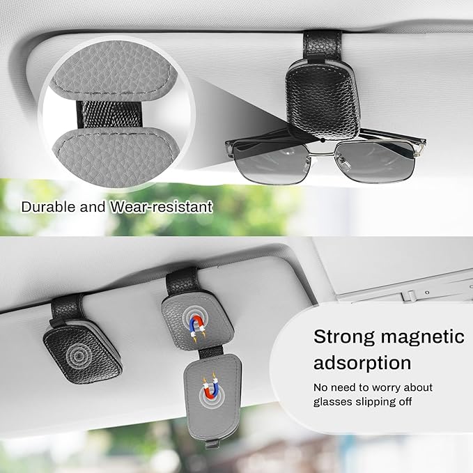 SINGARO Sunglasses Holder for Car, Leather Magnetic Buckle Sun Visor Sunglass Clip, Ticket Card Storage Glasses Clip, Car Interior Accessories for Men and Women(2PCS Black-Gray)