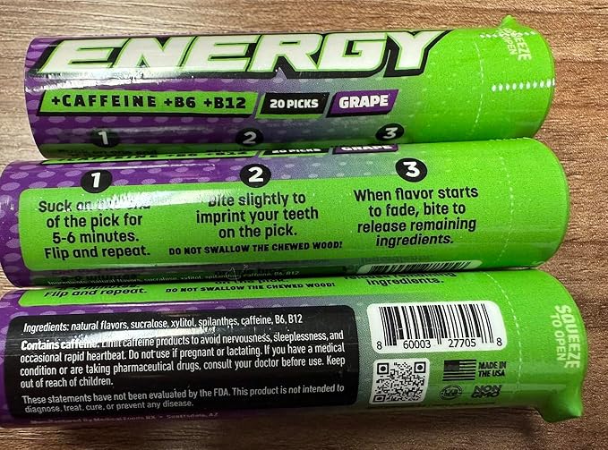 Xero Picks Energy Caffeine Flavored Toothpicks B12 for Focus & B6, 60 Picks (Pack of 3) (Grape) Sugar-Free Alternative to Energy Mints & Gum - Kosher