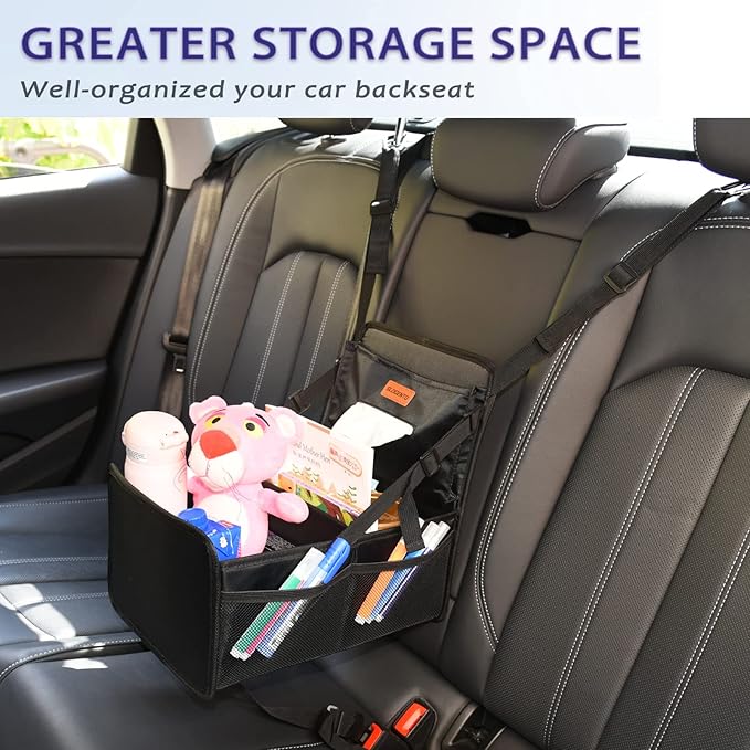 Kids Car Organizer Backseat - Easy-to-Reach Car Organizers and Storage for Back Seat Between Seats with Tissue Box and Side Pockets, Car Travel Accessories for Baby Long Trips with Cup Holders