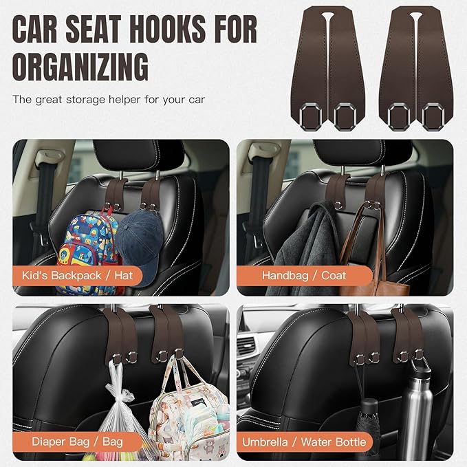 CAFORLANK 2PCS Car Hooks for Headrest, Faux Leather Purse Hook for Car Seat Back Organizers and Storage, Double Metal Purse Holder Bag Hanger, Universal Car Interior Accessories for Women Man