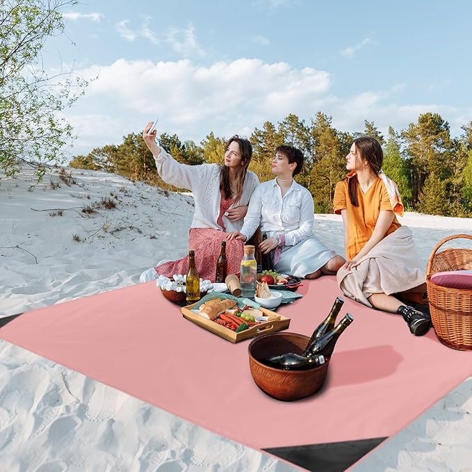 Odoland Pocket Blanket Picnic Blanket, 71" x 63" SandProof Waterproof Outdoor Beach Blanket with Portable Bag, Foldable Lightweight Sand Free Quick Drying Beach Mat for Hiking Camping Travel, Pink