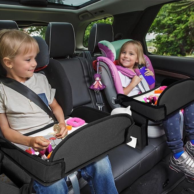 2Pcs Kids Travel Tray, Kids Travel Trays for Car Seat, Road Trip Essentials for Toddler, Carseat Lap Tray with Dry Erase Board & Storage Organizer for Road Trip Activities for Kid, Black