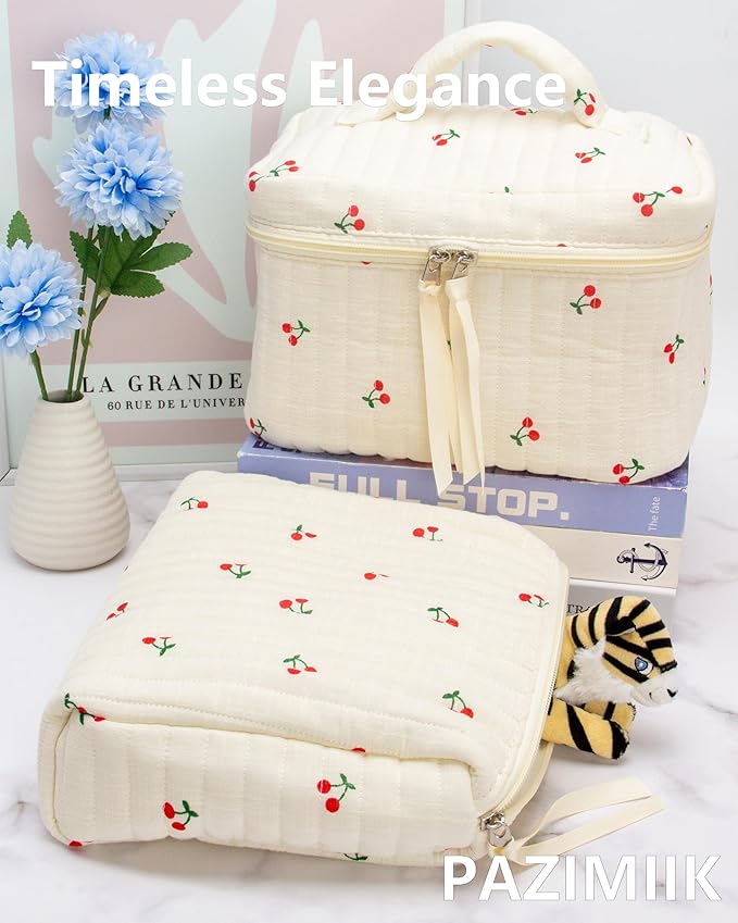PAZIMIIK Quilted Makeup Bag Large Travel Zipper Soft Cosmetic Case for Women Girls Makeup, Cherry Beige