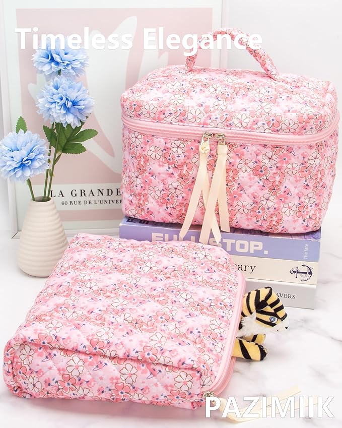 PAZIMIIK Quilted Makeup Bag Large Travel Zipper Soft Cosmetic Pouch for Women Girls Make Up, Pink Flower