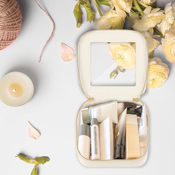 Prite Small Makeup Bag for Women Portable Clear Makeup Bag Cute Mini Waterproof Travel Cosmetic Bag with Gold Zipper for Car Essentials (Beige)
