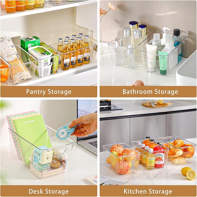 12 Pack Middle Organizers and Storage, Pantry Organization and Storage Bins, Cabinet Organizer, Clear Plastic Storage Containers with Handle, Acrylic Storage Bins for Cabinet, Fridge