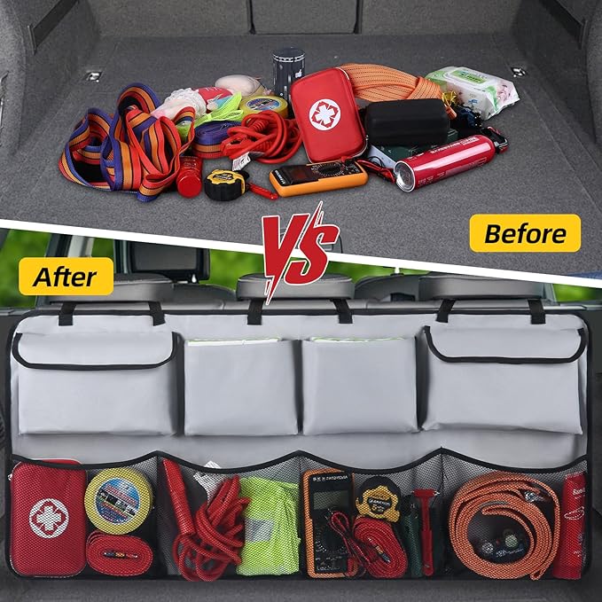 Car Backseat Hanging Trunk Organizer – Gray, 8 Large Storage Bags - Super Capacity Storage Solution for SUVs, Trucks, Vans, and Cars - Ultimate Car Organization for a Clutter-Free Space