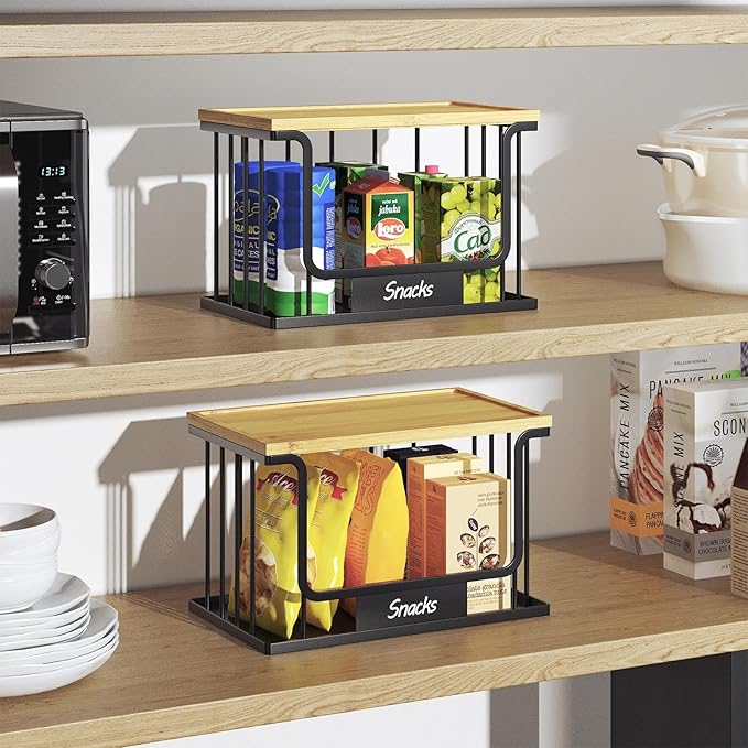 1 Pack Trash Bag Holder, Stackable Garbage Bag Dispenser Under Sink with Bamboo Top & Metal Base for Kitchen Countertop Organization and Storage, Laundry, Pantry Organizer (Black, 11.2" × 6.7" × 7.1")