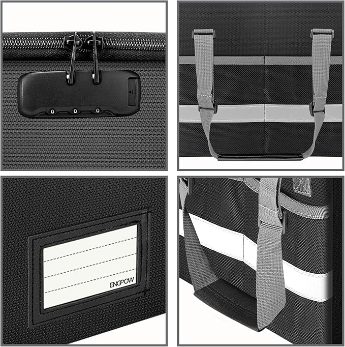 ENGPOW File Box with Lock, Fireproof Document Box with Zipper & Pockets, Collapsible File Organizer Filing Storage Cabinet with Handle, Portable Home Office Safe for Hanging Letter/Legal Folder, Black