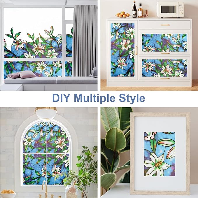 Window Privacy Film Stained Glass Window Films Day and Night, Static Cling Decorative Window Tinting Clings Door Covering for Home, Bathroom, Sun Blocking Decals Stickers (17.5" x78.7")