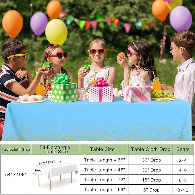 misaya 10 Packs Dot Disposable Table Cloth, 54 x 108 Inch Waterproof Plastic Tablecloth, Rectangle Gold Dots in Light Blue Table Covers for Picnic, Birthday, Party